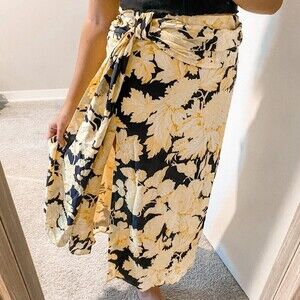 Stine Goya Skirt Lilly Silk Wrap Maxi Yellow Black Floral Tie Slit Medium NWT